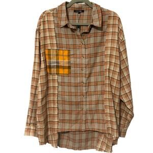 Papermoon Flannel Shirt Top Size Large Tan & Orange Mixed Plaids Raw Edges‎ NWT